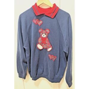 Vintage Tulex Teddy Bears Hearts Collar Sweatshirt‎ Women XL Navy
